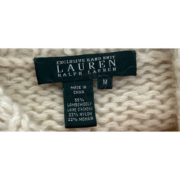 Lauren Ralph Lauren Lambswool Hand Cable Knit Shawl Collar Sweater Cream Size M - Picture 8 of 9